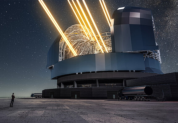 Een visualisatie laat zien hoe de Extremely Large Telescope er na voltooiing uit zal zien. Foto: ESO/L. Calçada